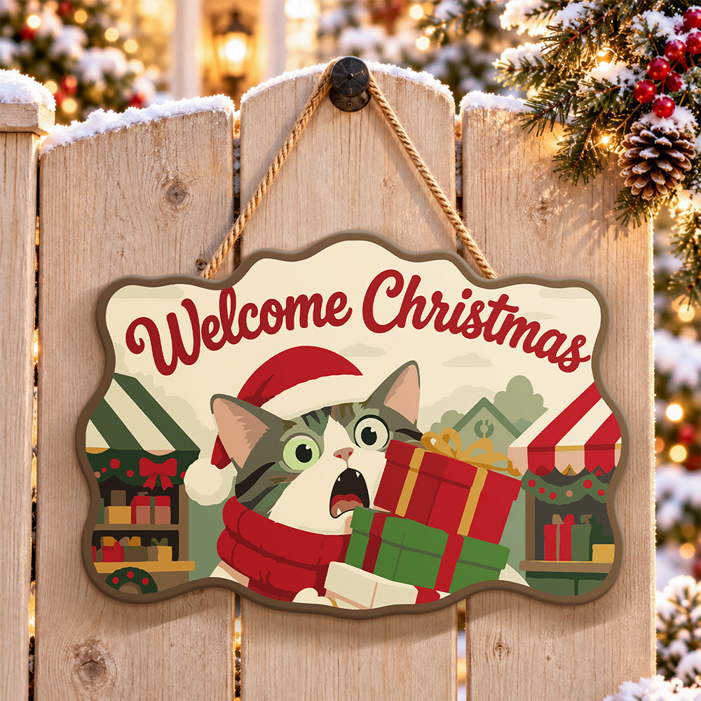 Cat with christmas gifts paint by numbers door hanger on a garden gate