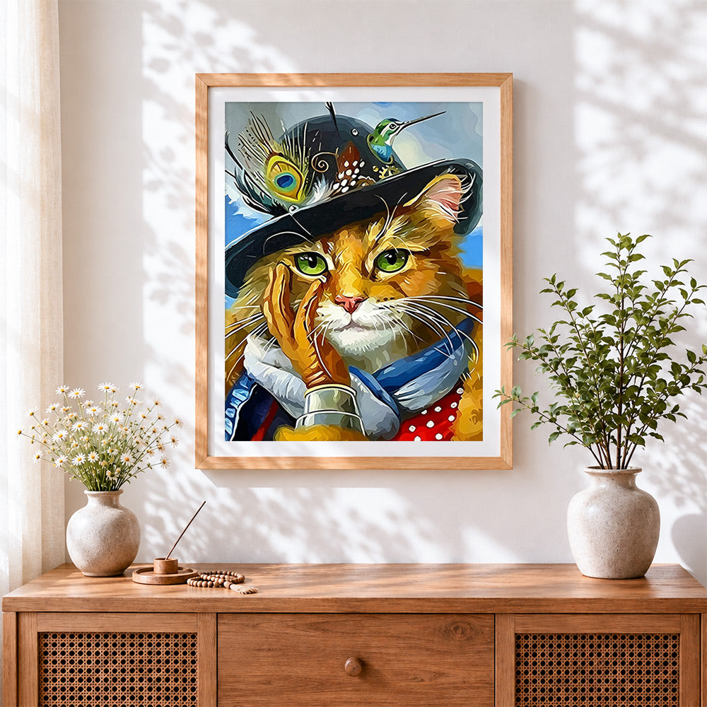 Finished cat with feather hat cross stitch artwork displayed