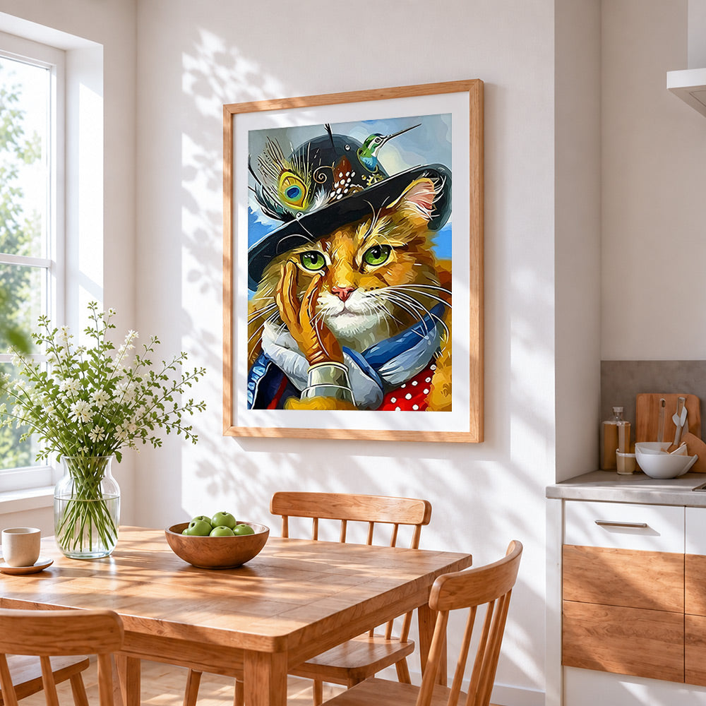 Cat with feather hat cross stitch artwork displayed on wall as home decor