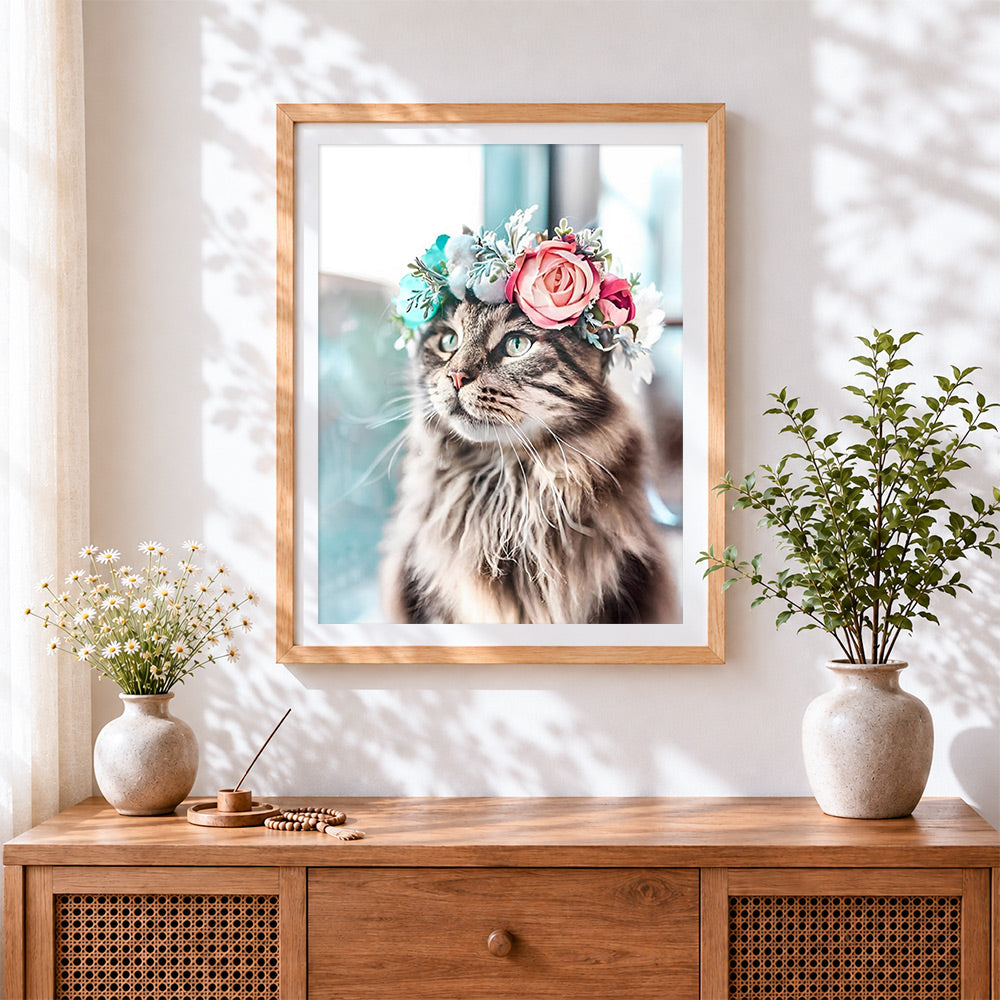 Finished cat with flower crown cross stitch artwork displayed