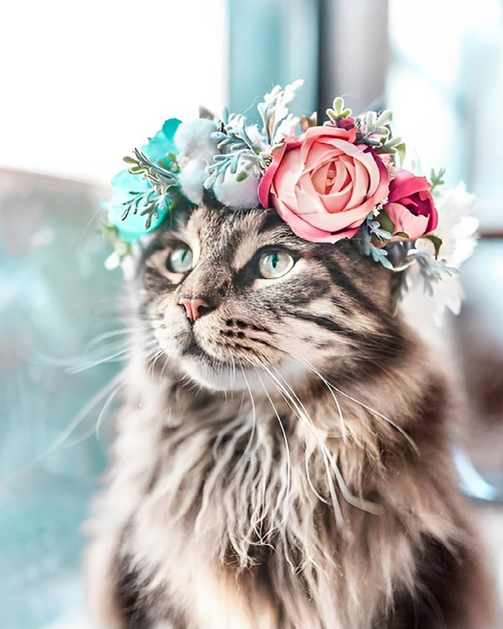 Cat with flower crown cross stitch kit for beginners