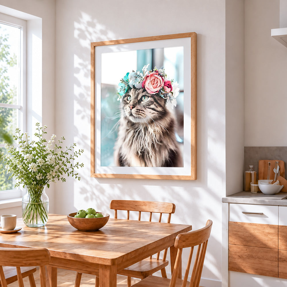 Cat with flower crown cross stitch artwork displayed on wall as home decor