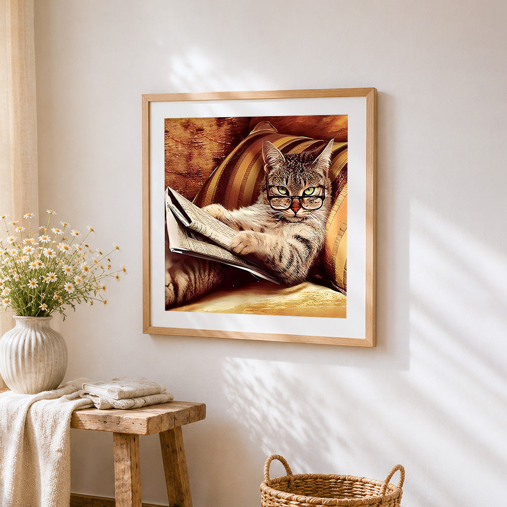Cat with glasses reading a newspaper cross stitch artwork displayed on wall as home decor