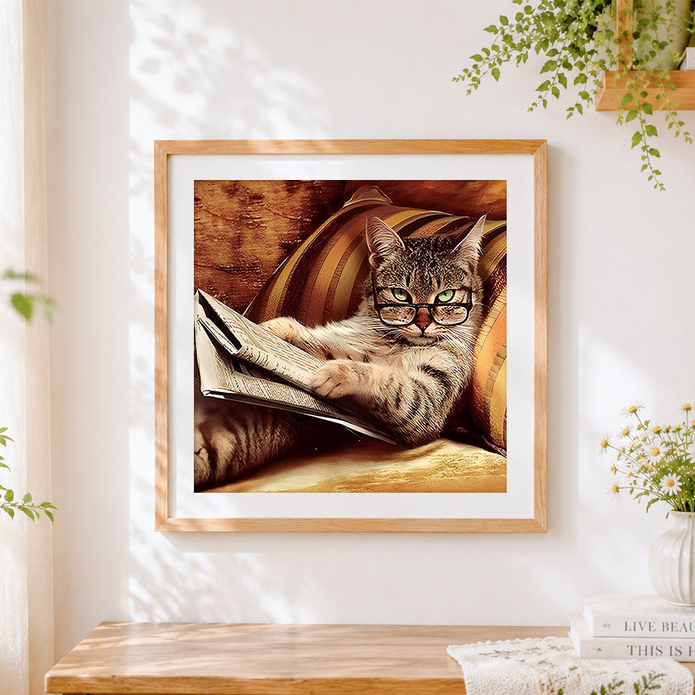 Finished cat with glasses reading a newspaper paint by numbers artwork displayed as home decor