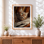 Finished cat with glasses reading newspaper cross stitch artwork displayed