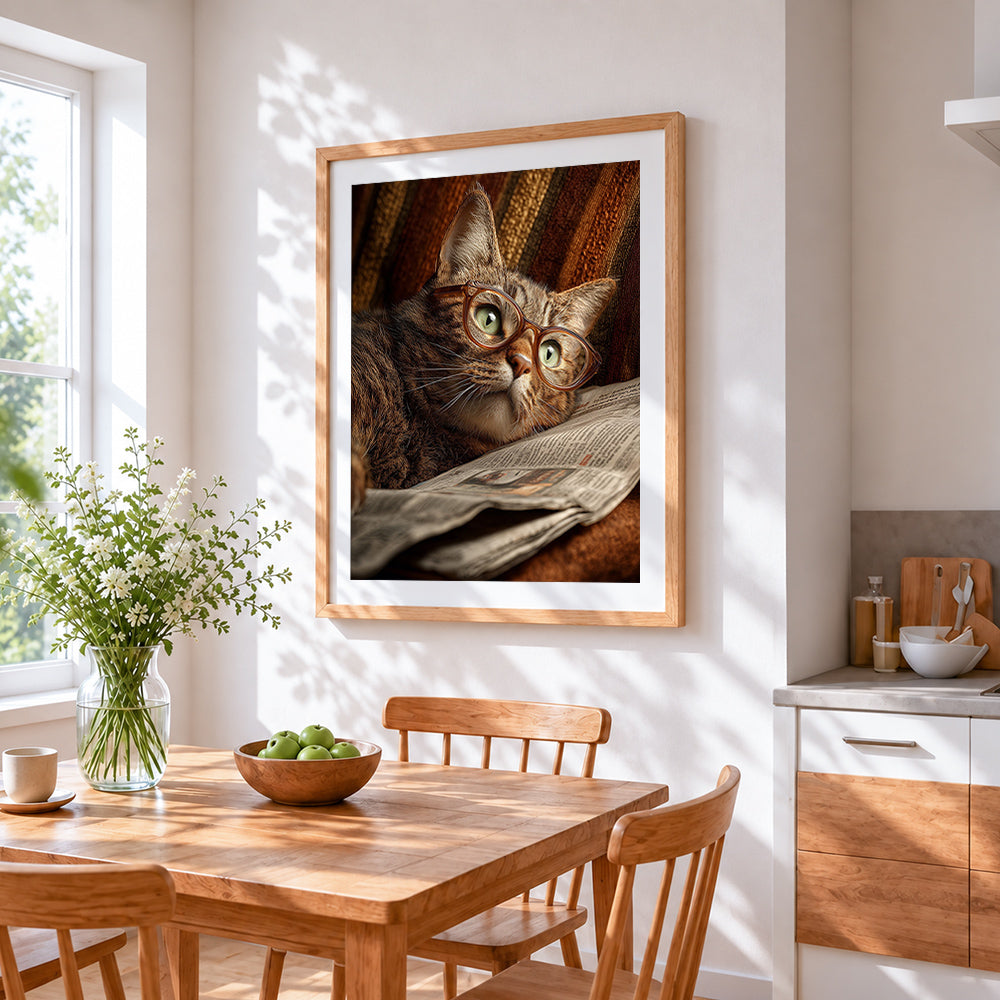 Cat with glasses reading newspaper cross stitch artwork displayed on wall as home decor