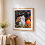 Cat with skull hat cross stitch artwork displayed on wall as home decor
