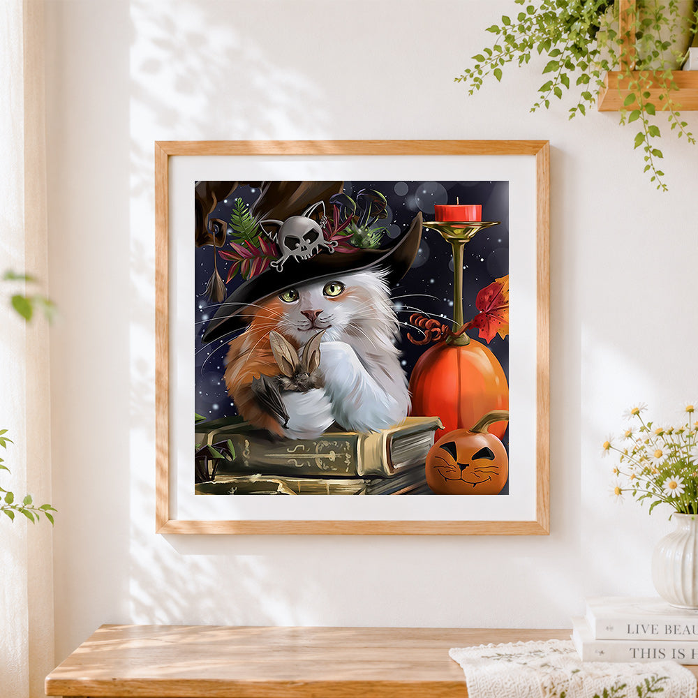 Finished cat with skull hat paint by numbers artwork displayed as home decor