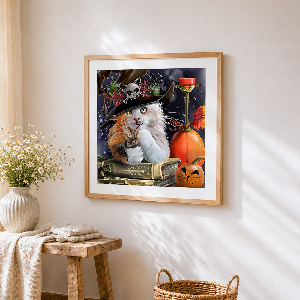 Cat with skull hat paint by numbers artwork displayed on wall as home decor