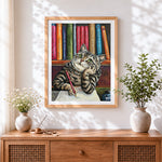 Finished cat writing at desk cross stitch artwork displayed
