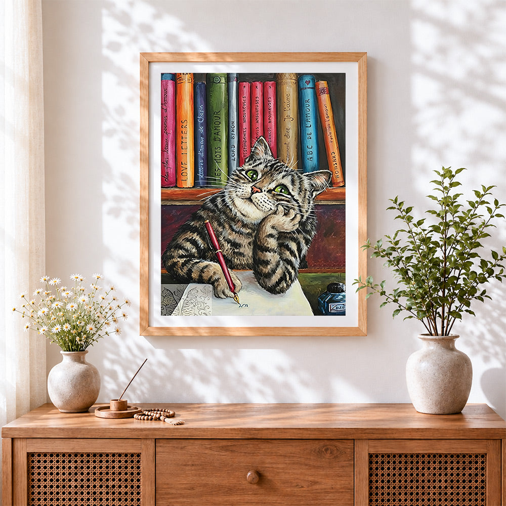 Finished cat writing at desk cross stitch artwork displayed