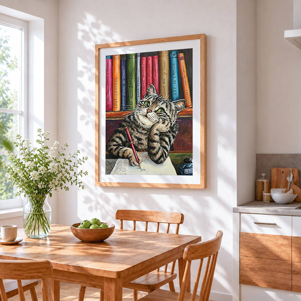 Cat writing at desk cross stitch artwork displayed on wall as home decor