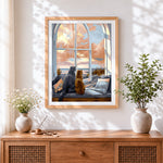 Finished cats by the window cross stitch artwork displayed