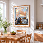 Cats by the window cross stitch artwork displayed on wall as home decor