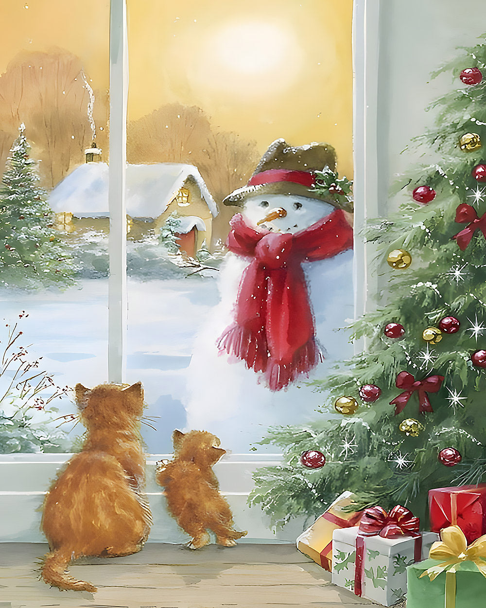 Cats watching a snowman from a christmas window cross stitch kit for beginners