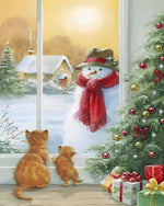 Cats watching a snowman from a christmas window cross stitch kit for beginners