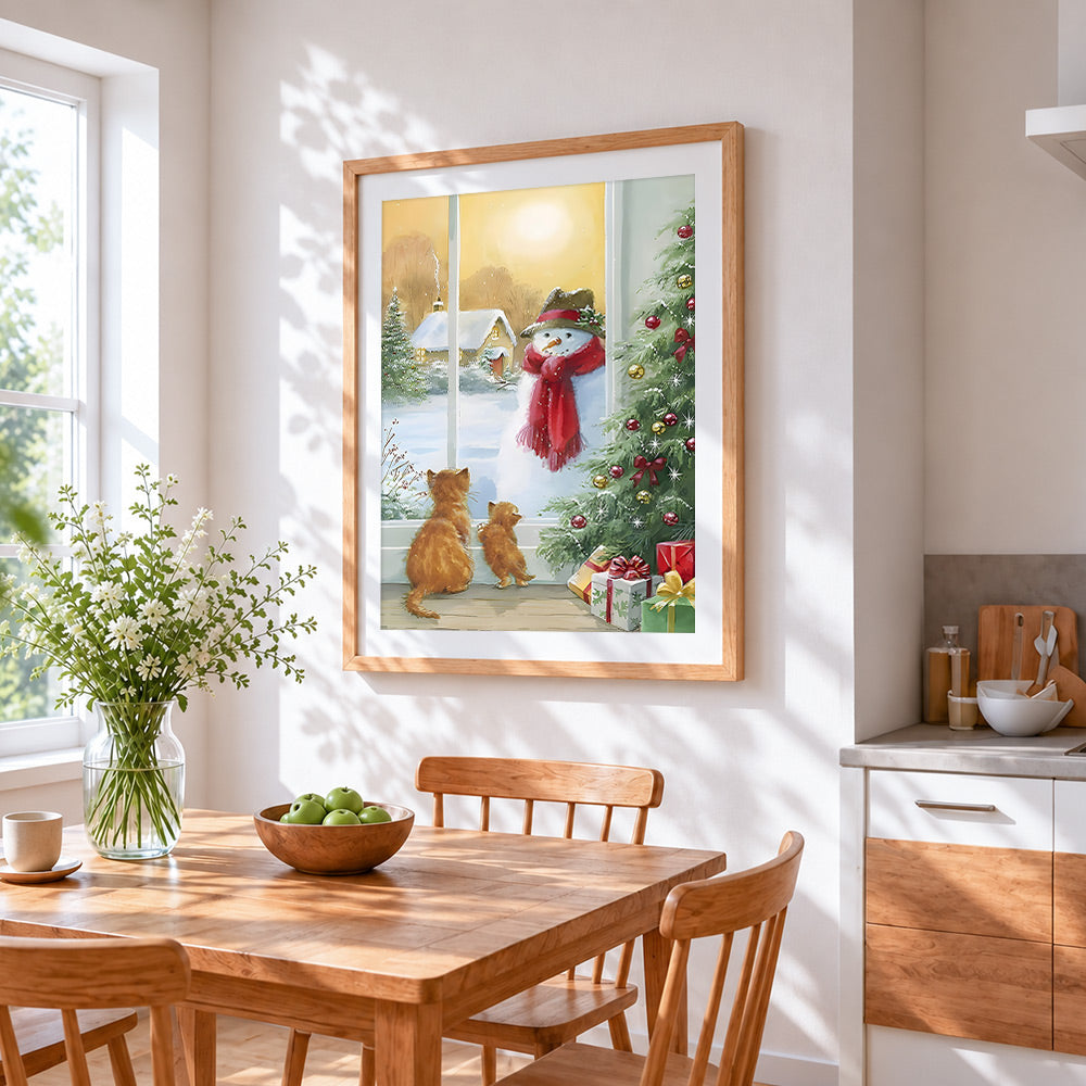 Cats watching a snowman from a christmas window cross stitch artwork displayed on wall as home decor