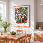 Cavalier king charles spaniels in christmas jumpers cross stitch artwork displayed on wall as home decor