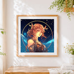 Finished celestial archer fantasy portrait cross stitch artwork displayed
