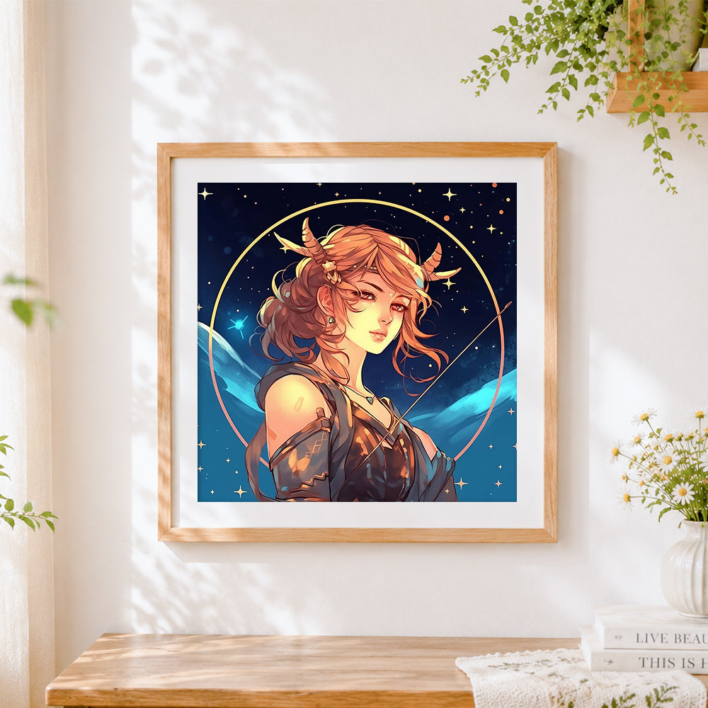 Finished celestial archer fantasy portrait cross stitch artwork displayed
