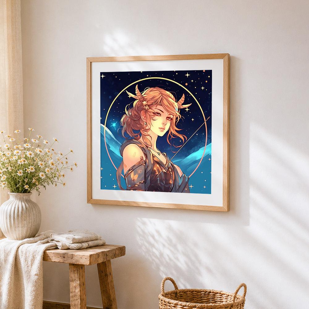 Celestial archer fantasy portrait cross stitch artwork displayed on wall as home decor