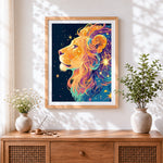 Finished celestial lion with stars cross stitch artwork displayed