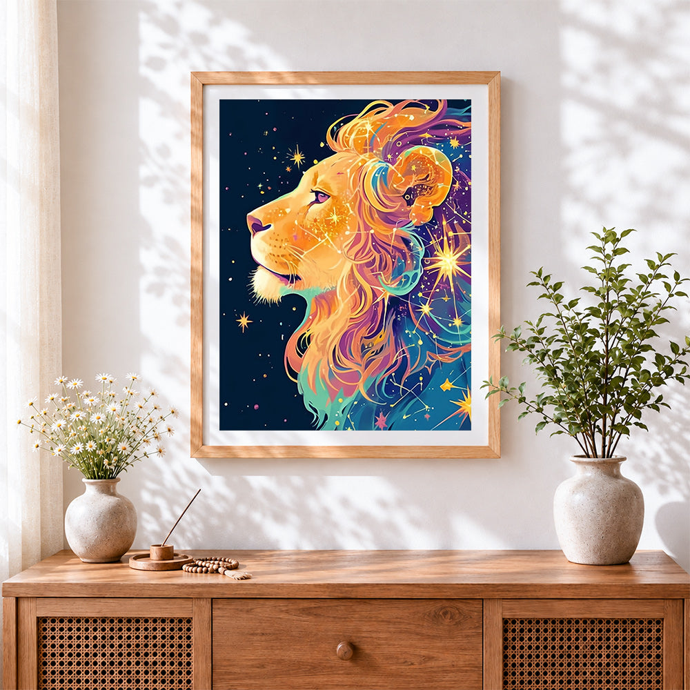 Finished celestial lion with stars cross stitch artwork displayed