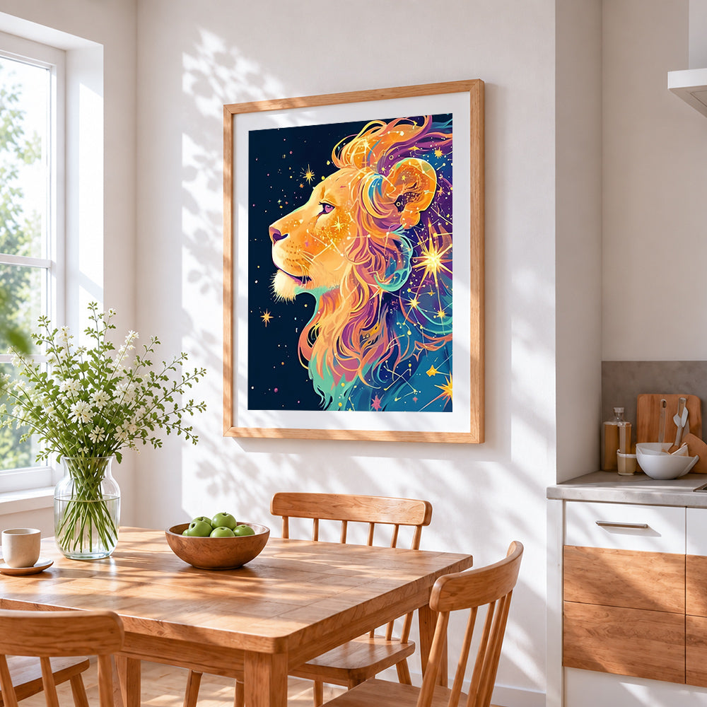 Celestial lion with stars cross stitch artwork displayed on wall as home decor