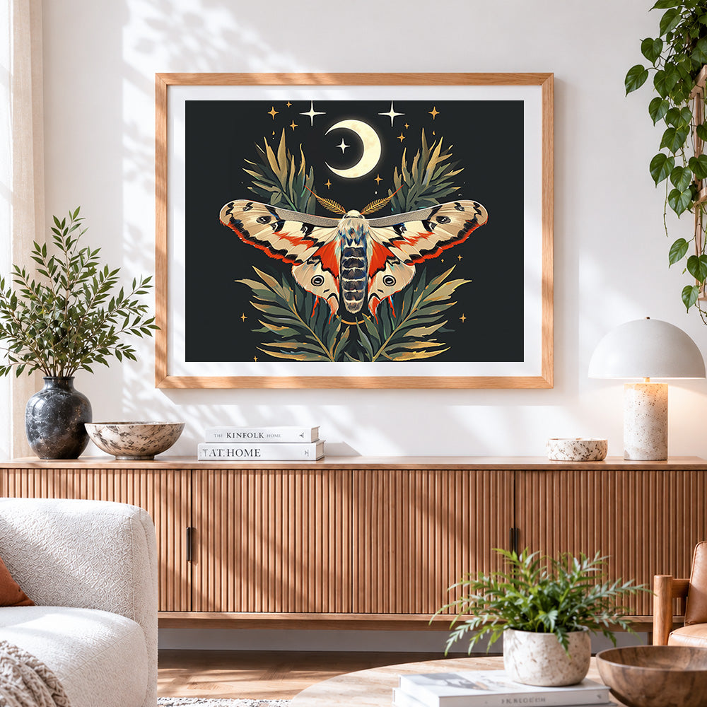 Finished celestial moth and crescent moon cross stitch artwork displayed
