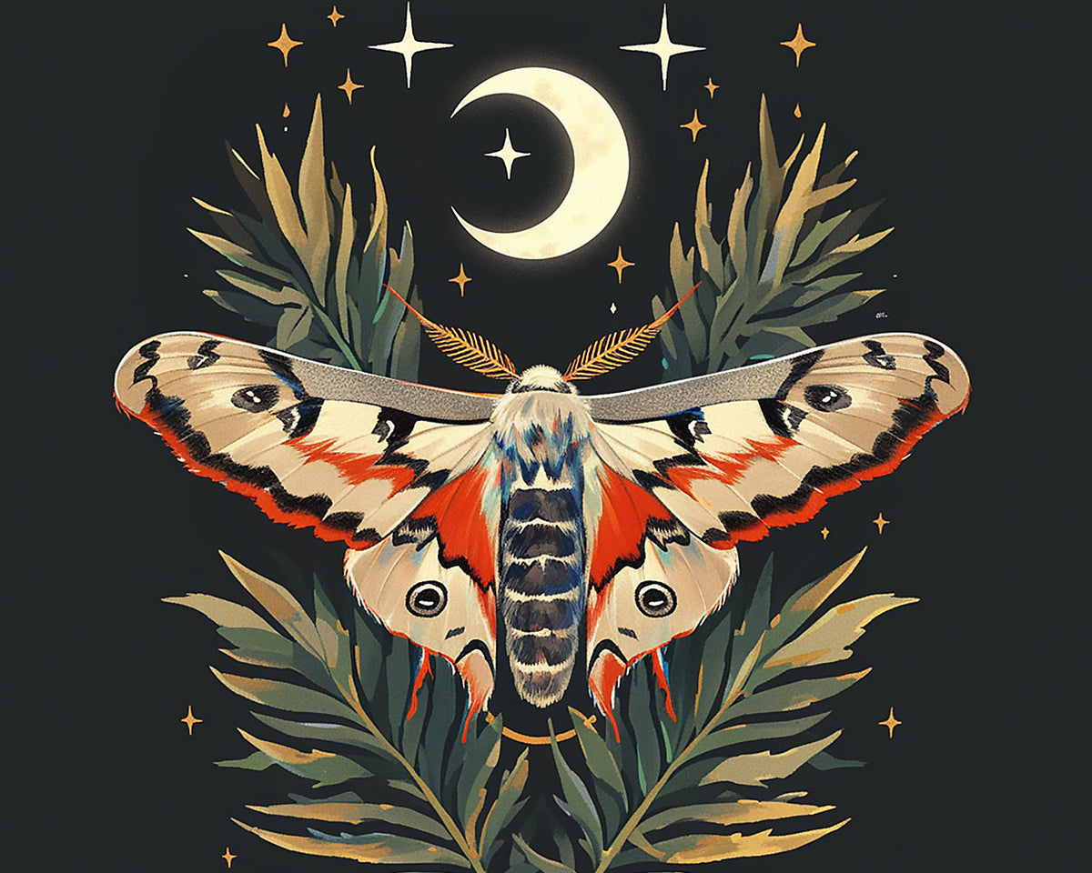 Celestial moth and crescent moon cross stitch kit for beginners