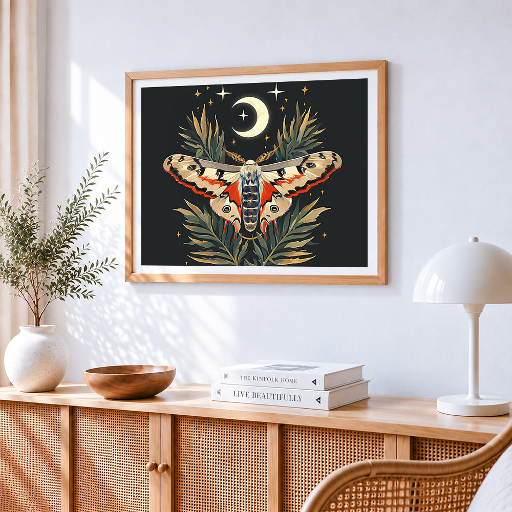 Celestial moth and crescent moon cross stitch artwork displayed on wall as home decor