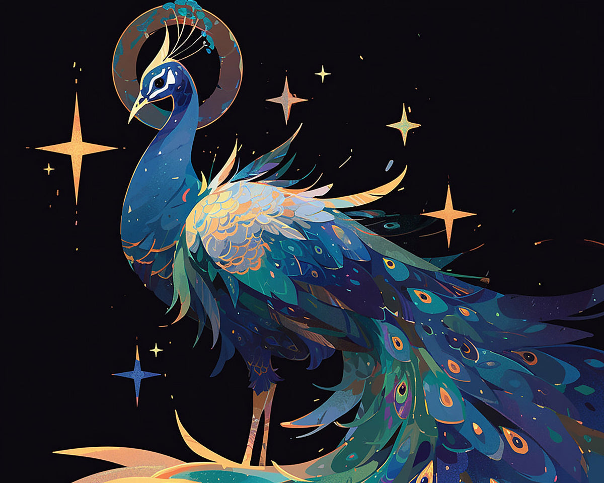 Celestial peacock with stars and moon cross stitch kit for beginners