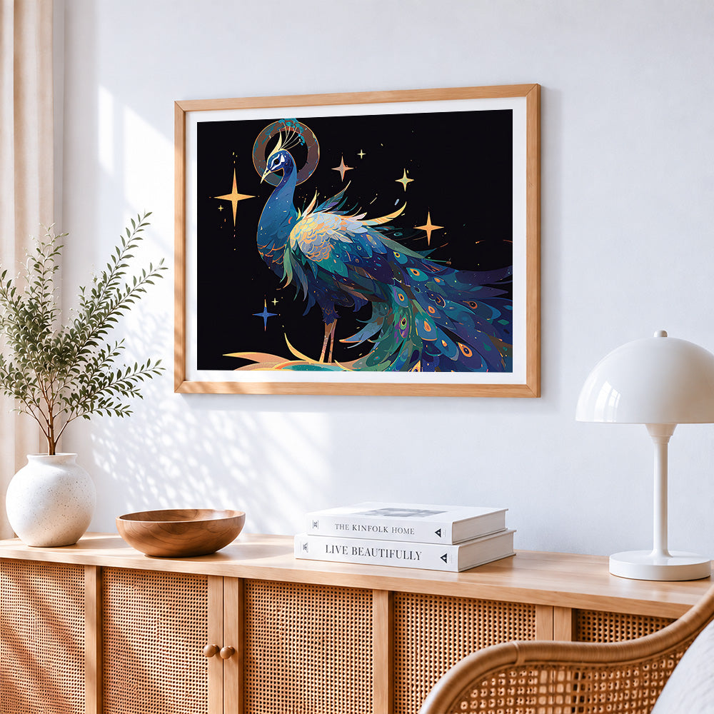 Celestial peacock with stars and moon cross stitch artwork displayed on wall as home decor