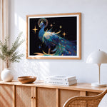 Celestial peacock with stars and moon paint by numbers artwork displayed on wall as home decor