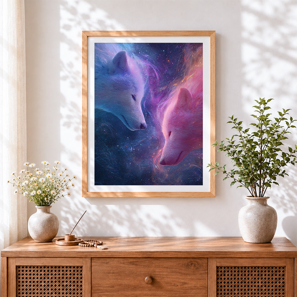 Finished celestial spirit wolves in space cross stitch artwork displayed
