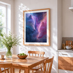 Celestial spirit wolves in space cross stitch artwork displayed on wall as home decor