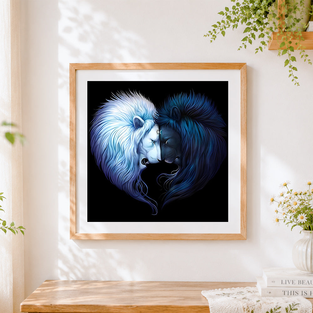 Finished celestial sun and moon lions cross stitch artwork displayed