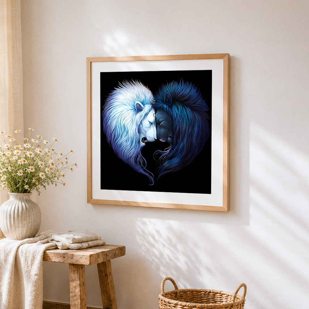 Celestial sun and moon lions cross stitch artwork displayed on wall as home decor