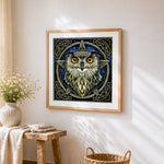 Celtic knot owl cross stitch artwork displayed on wall as home decor