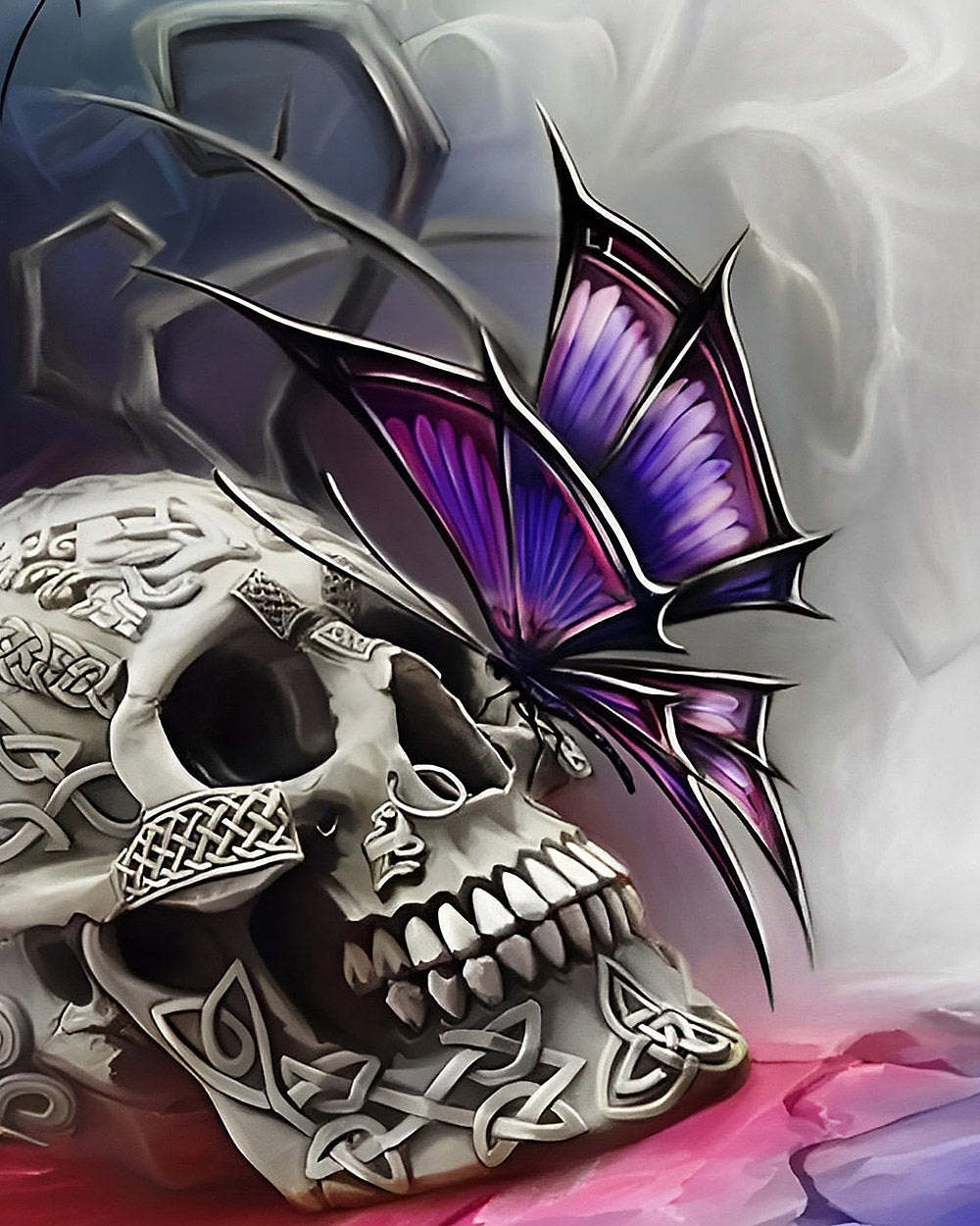 Celtic skull and purple butterfly cross stitch kit for beginners