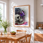 Celtic skull and purple butterfly cross stitch artwork displayed on wall as home decor