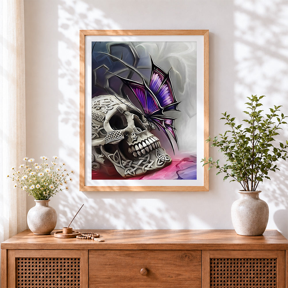 Finished celtic skull and purple butterfly paint by numbers artwork displayed as home decor