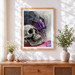 Finished celtic skull and purple butterfly paint by numbers artwork displayed as home decor