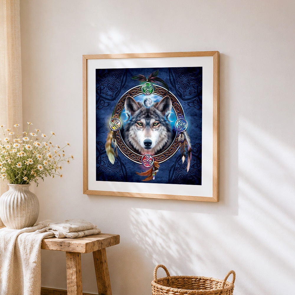 Celtic wolf with triskelion cross stitch artwork displayed on wall as home decor
