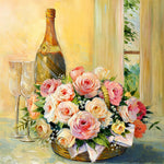 Champagne and roses basket still life cross stitch kit for beginners