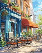 Charming blue cafe on a sunny street cross stitch kit for beginners