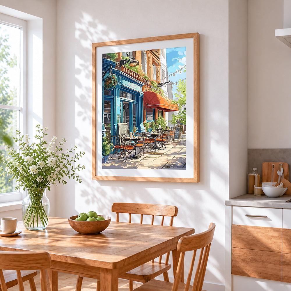 Charming blue cafe on a sunny street cross stitch artwork displayed on wall as home decor