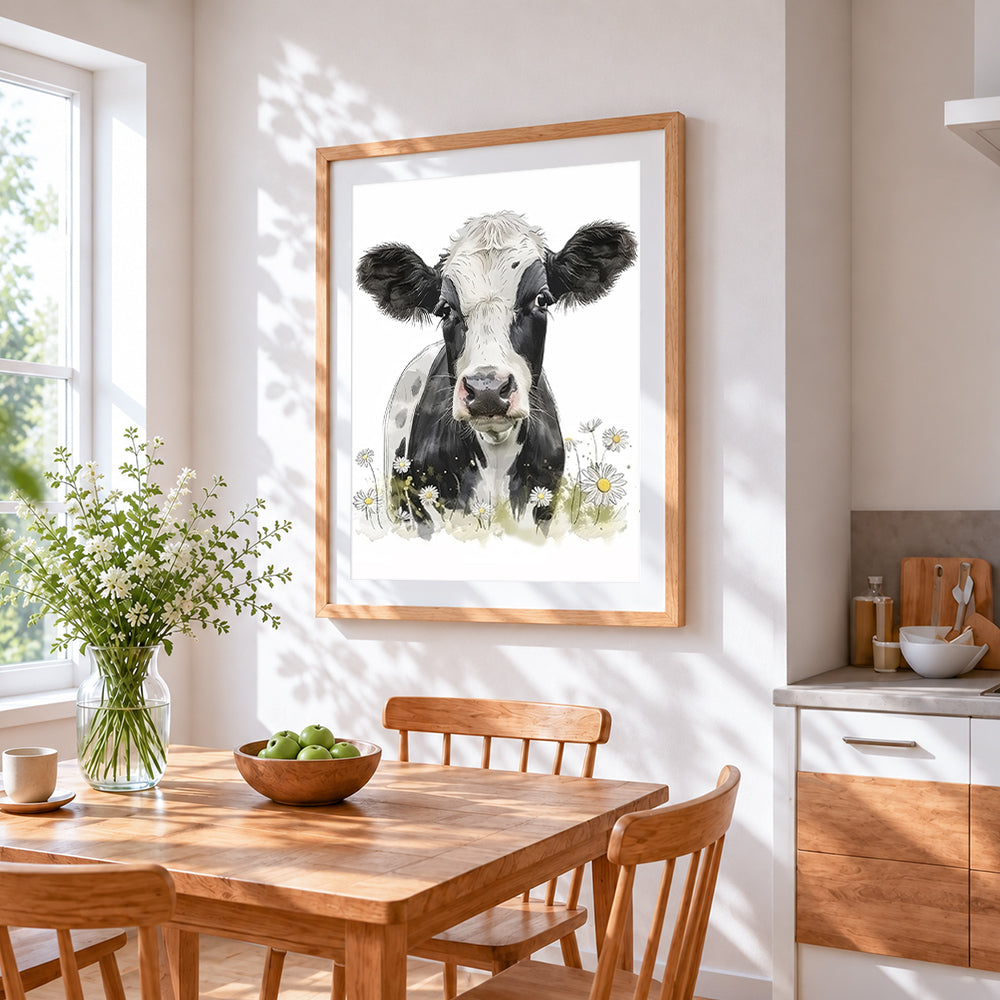 Charming cow with daisies cross stitch artwork displayed on wall as home decor