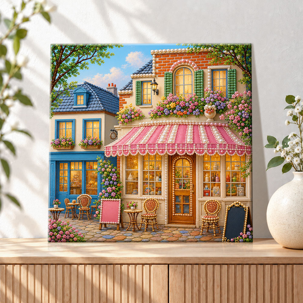 Finished charming european street cafe pearl diamond painting artwork displayed as holiday home decor