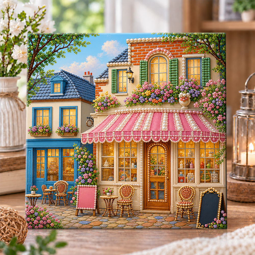 Charming european street cafe pearl diamond painting kit for beginners